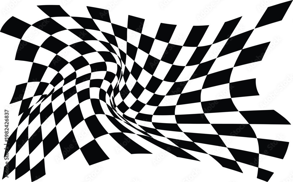 Obraz premium Distorted checkered flag vector, wavy racing finish line pattern, black and white checkered background, racing texture