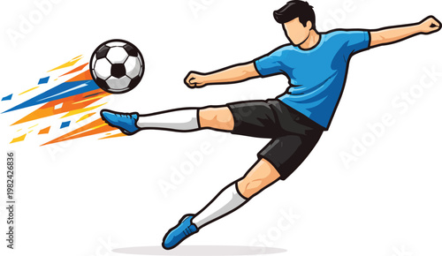 Dynamic soccer player kicking ball vector, athletic football striker in blue jersey, powerful sports action graphic