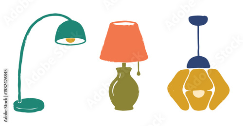 Lamps illustrations: Floor lamp, table lamp, pendant light, lighting design