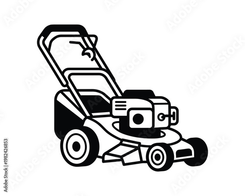 Lawnmower vector icon isolated, black and white garden equipment