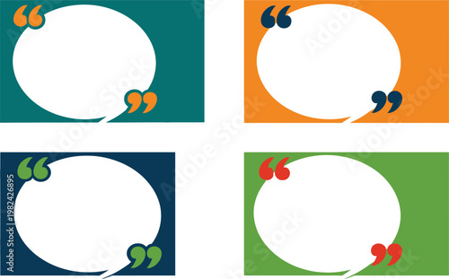 Colorful quote bubble frames set, 4 vector speech bubbles with quotation marks, creative testimonial text box banners