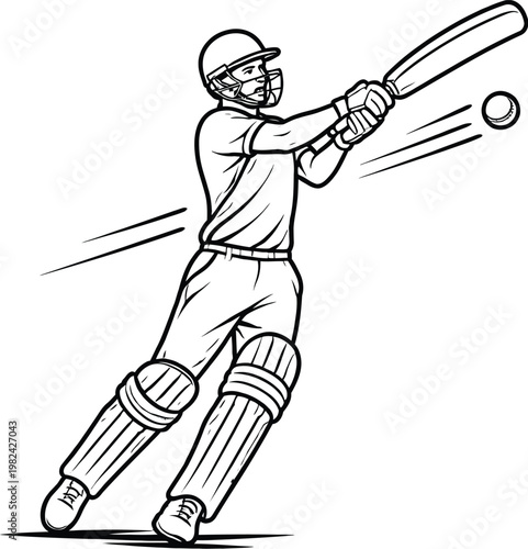 Cricket player batting vector illustration, professional batsman hitting ball, black and white sports line art icon