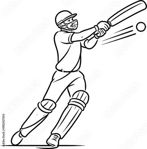 Cricket player batting vector illustration, batsman hitting ball line art, sports athlete sketch for logo design
