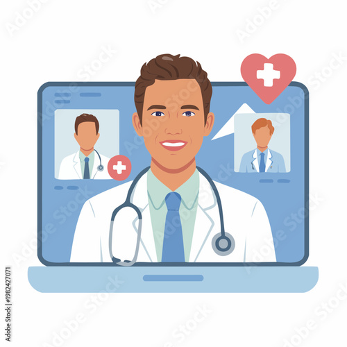 Cartoon doctor video conferencing with patients online