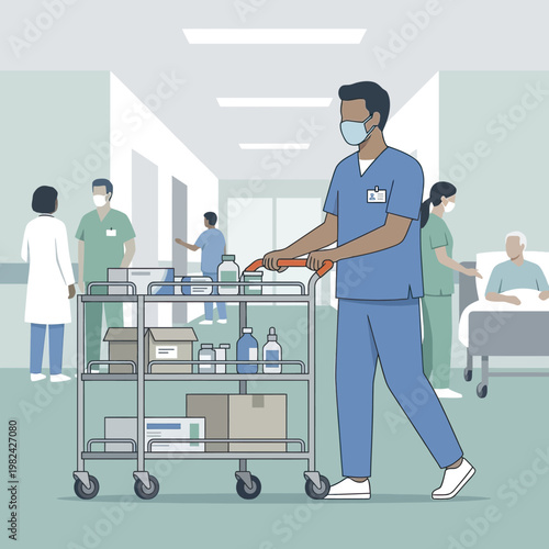 Male nurse in scrubs pushing medical supply cart in hospital.