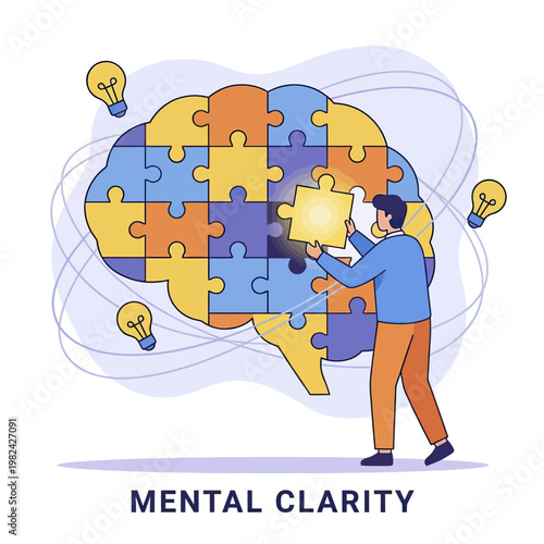 Man placing puzzle piece in brain.