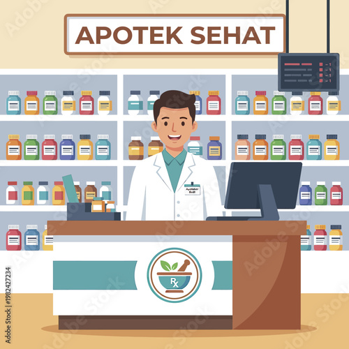 Pharmacist standing behind pharmacy counter 1.