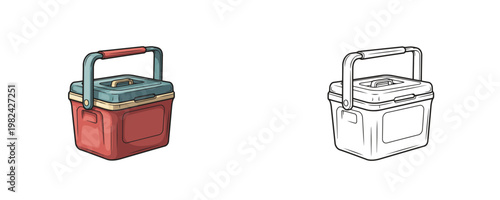 Portable cooling box in flat color and black line styles representing picnic storage and food preservation for outdoor travel and camping equipment on white background