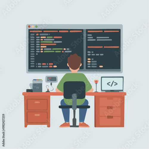 programmer working on computer with coding software on screens