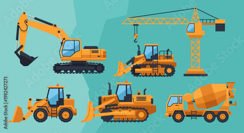 Flat Vector Collection of Heavy Construction Machinery and Industrial Vehicles Including Excavator, Crane, Bulldozer, Wheel Loader, and Concrete Mixer Truck