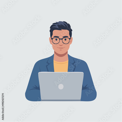 Cartoon illustration of a man working on laptop computer