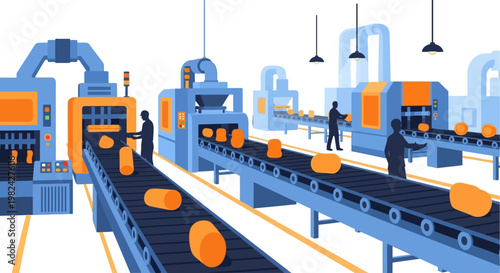 Modern Automated Production Line in a Factory with Workers, Conveyor Belts, and Robotic Machinery for Mass Manufacturing Concept