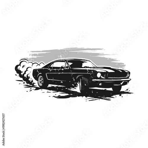 Dynamic mustang car vector illustration speeding with tire smoke trails in bold black ink line art style on textured background