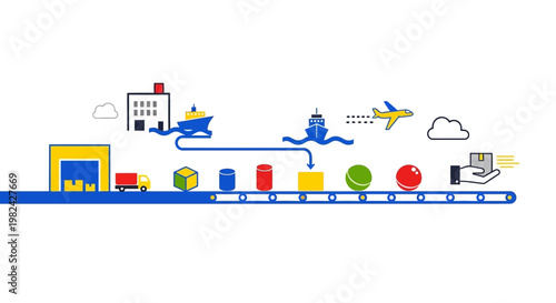 Global Logistics and Supply Chain Concept Illustration with Warehouse, Transportation, and Delivery icons on a White Background