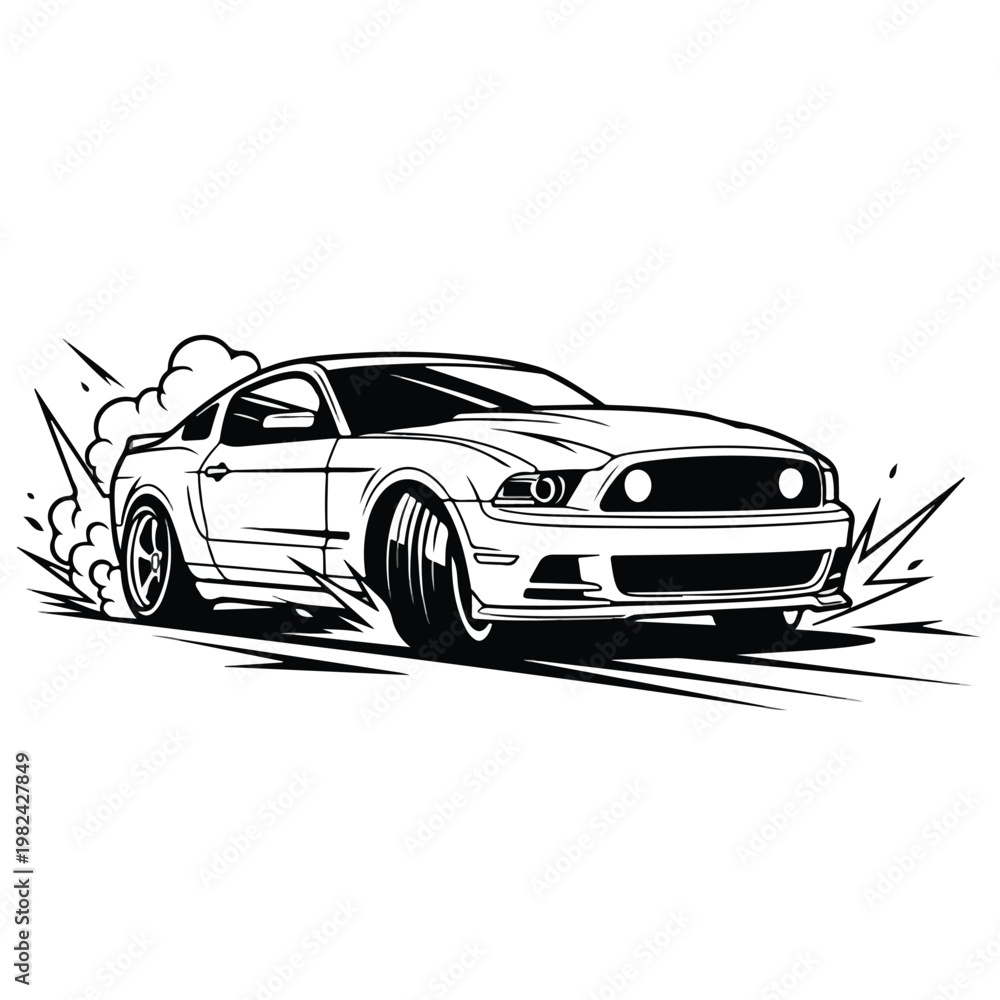 Fototapeta premium Dynamic mustang car vector illustration speeding forward with tire smoke trails and bold line art style design