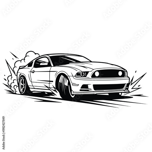Dynamic mustang car vector illustration speeding forward with tire smoke trails and bold line art style design
