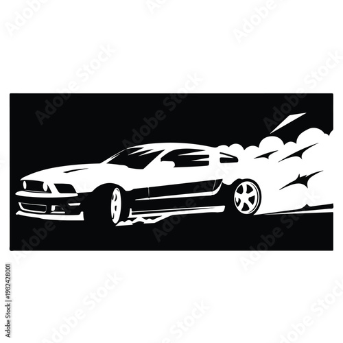 Dynamic mustang car vector illustration speeding with tire smoke trails on black background in high-contrast silhouette style