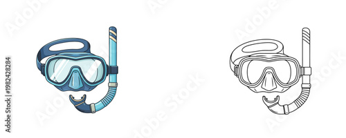 Diving mask with snorkel in flat color and black line styles representing underwater swimming and summer vacation activities for sea exploration concepts on white background