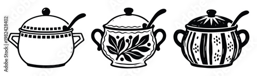 Ornate Soup Tureens Vector Design with Spoons and Lids