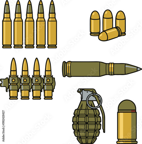 Set of ammunition and military ordnance including bullets, cartridges, grenades, and shells in flat vector illustration.