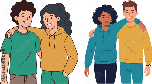 Group of diverse friends standing together with arms around each other, smiling and showing friendship, unity, and support.