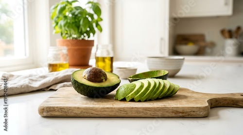 Potongan alpukat segar di atas papan kayu di dapur terang untuk gaya hidup sehat dan memasak sehat
