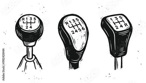 Manual gear shift knobs vector illustration with speed patterns set