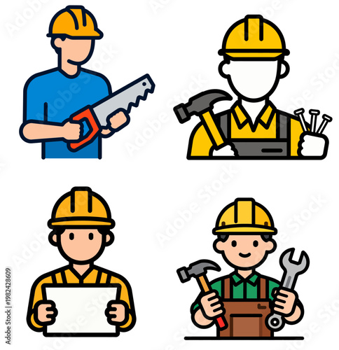 vector illustration set of worker builder holding tools icons, isolated on white