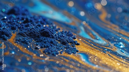 Abstract blue pigment powder on swirling gold metallic liquid surface