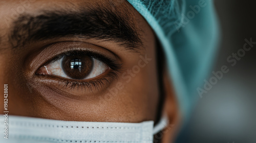 Close-up of a medical professional's eye wearing a surgical mask and cap