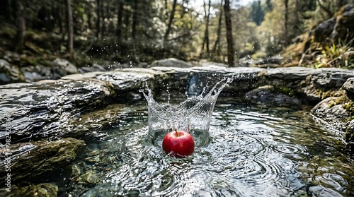 Apel Merah Terjatuh ke Sungai Saat Aliran Air yang Dinamis di Alam Terbuka
