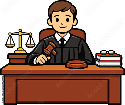 Professional judge sitting at courtroom desk with gavel and scales of justice, legal authority vector illustration