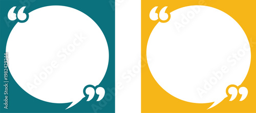 Minimalist quote bubble vector set, white circular speech bubbles with quotation marks, teal and yellow chat frames