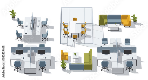 Modern Office Floor Plan Isometric 3D Illustration with Workstations, Meeting Room, and Lounge Area Isolated on White Background
