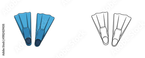Blue diving swim fins in flat color and black line styles representing underwater swimming and summer vacation activities for sea exploration concepts on white background