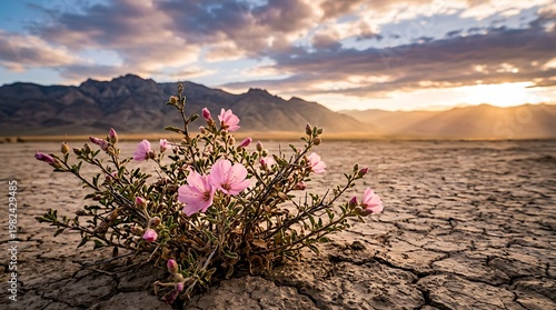 Bunga kecil berwarna pink tumbuh di tanah kering dataran gurun saat matahari terbenam, menampilkan keindahan alam dan ketahanan terhadap kondisi ekstrem