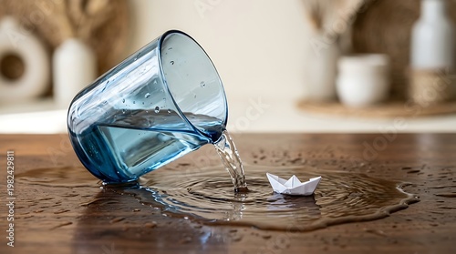 Gelas Kaca Berisi Air Tumpah di atas Permukaan Kayu dan Kapal Kertas Mini di Lantai Dalam Ruang Kayu Natural