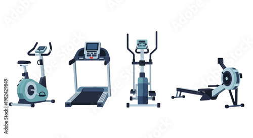Fitness Gym Equipment Set with Exercise Bike, Treadmill, Elliptical Trainer, and Rowing Machine Vector Illustration Isolated on White Background