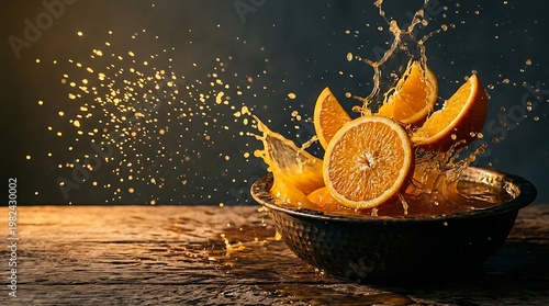Jeruk Segar dan Berair dalam Mangkok Hitam dengan Efek Ledakan dan Splash, Gaya Fotografi Makanan dan Minuman yang Menarik