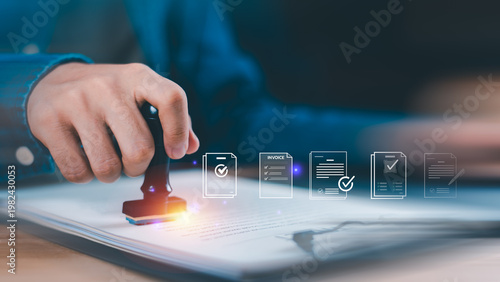 Document approval and verification concept illustrating validation, compliance checking, and business authorization processes. Suitable for legal services, corporate audit, contract management