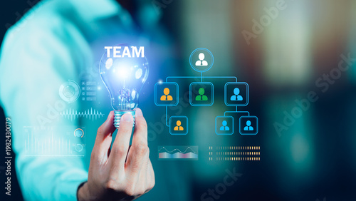 Team leadership concept showing innovation idea, organizational structure, team management, collaboration workflow, business strategy, creative thinking, performance growth corporate organizations.
