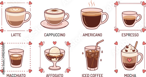 Vector collection of coffee drinks including latte, cappuccino, and espresso with decorative heart frames for cafe menus, on transparent background