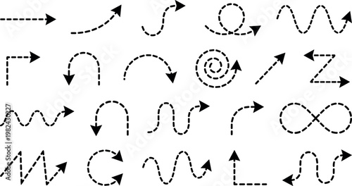Vector collection of black dashed and dotted arrow icons with curved and wavy line pointers for directional motion paths, on transparent background