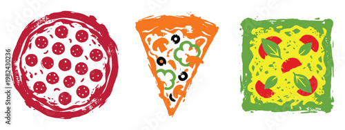 Pepperoni, veggies, basil pizza variations, stamp style illustration