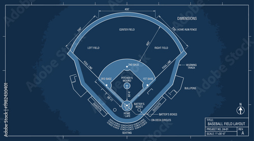 Baseball Field Technical Blueprint Line Art Sports Diagram Vector Illustration