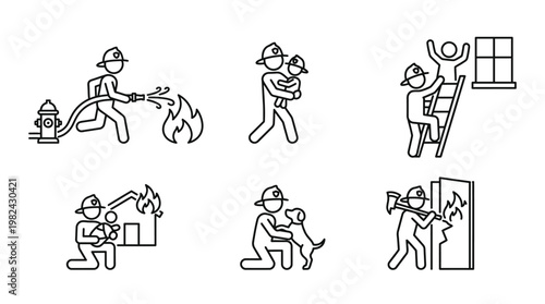Firefighter Fireman Rescue Outline Icon Set Emergency Service Vector