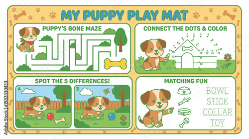 Kids Activity Worksheet Set Dog Maze Puzzle Education Vector Illustration