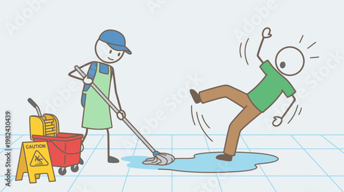 Cleaning Floor Wet Slip Accident Warning Concept Cartoon Vector Illustration