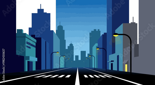 Modern Minimalist City Street at Dawn with Empty Road, Skyscrapers, and Glowing Streetlights Vector Illustration