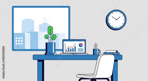 Minimalist Flat Vector Illustration of a Modern Office Workspace with Laptop Displaying Business Analytics and City View Window